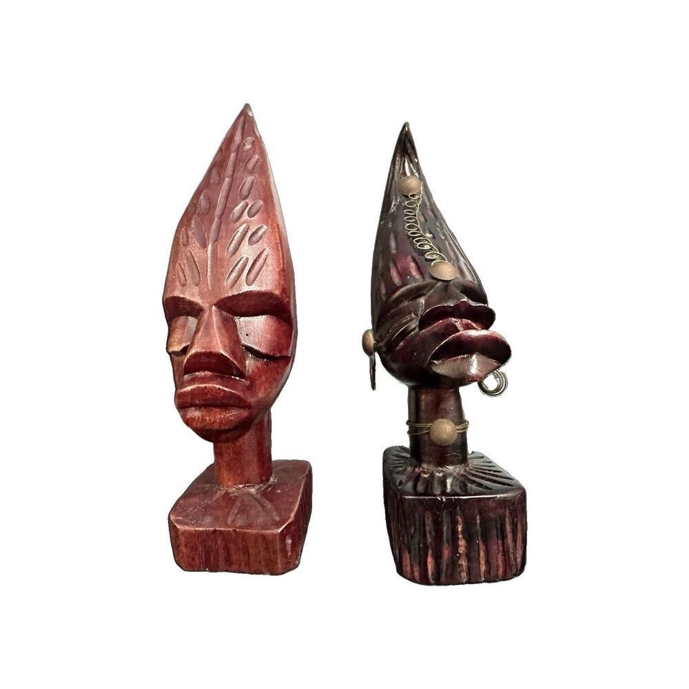 Vintage Hand Carved African Tribal Wood Busts Pair Male Female Folk Art 7.5”